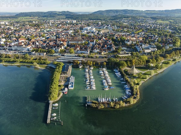 Aerial view of the town of Radolfzell on Lake Constance with the Waeschbruck harbour