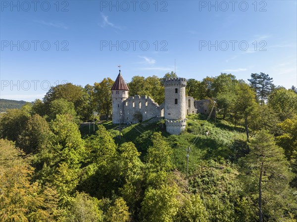 Aerial view of the Honburg castle ruins on the Honberg