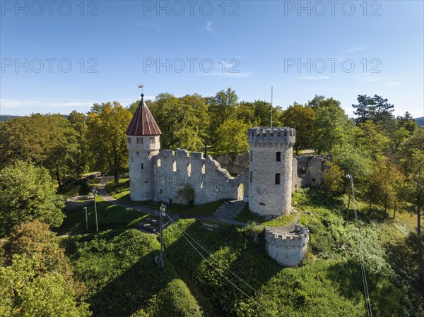 Aerial view of the Honburg castle ruins on the Honberg
