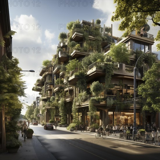 Modern apartments in a city with vegetation on the balconies