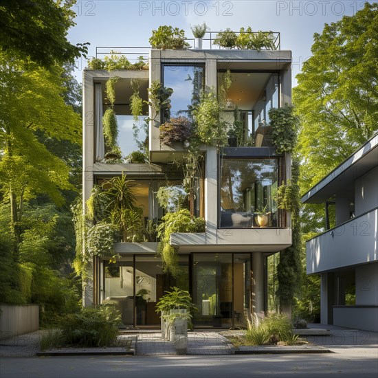 Modern apartments in a city with vegetation on the balconies