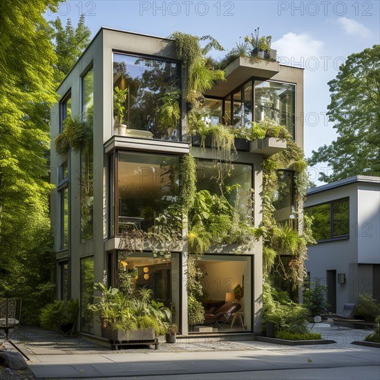 Modern apartments in a city with vegetation on the balconies