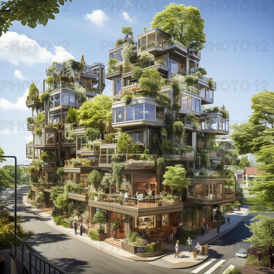 Modern apartments in a city with vegetation on the balconies