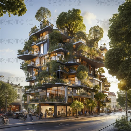 Modern apartments in a city with vegetation on the balconies