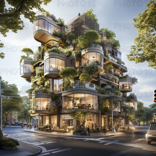 Modern apartments in a city with vegetation on the balconies