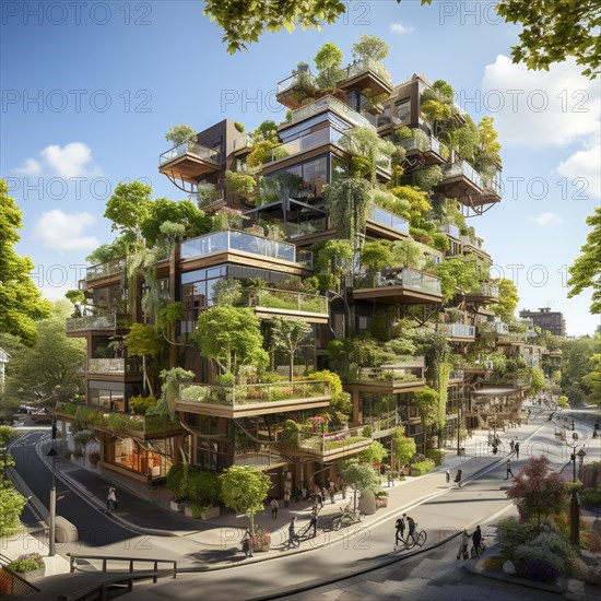 Modern apartments in a city with vegetation on the balconies