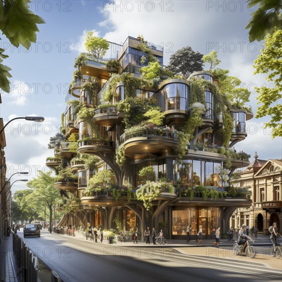 Modern apartments in a city with vegetation on the balconies