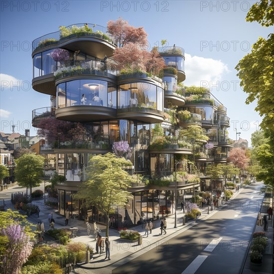 Modern apartments in a city with vegetation on the balconies