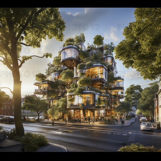 Modern apartments in a city with vegetation on the balconies