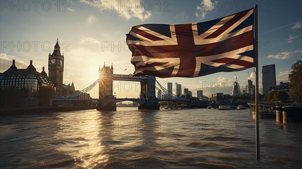 Flag of England in front of Tower Bridge in London