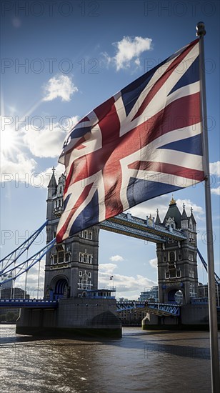 Flag of England in front of Tower Bridge in London