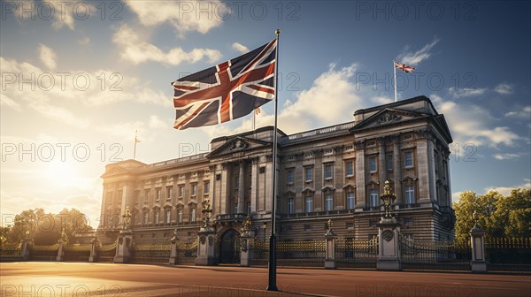 Flag of England in front of Buckingham Palace