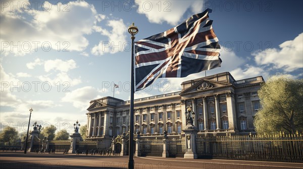 Flag of England in front of Buckingham Palace