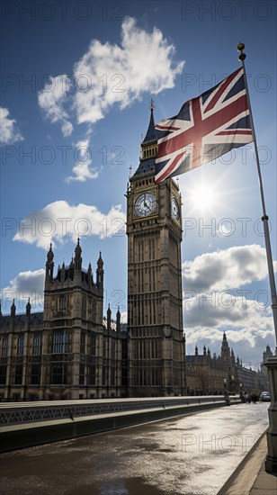 Flag of England in front of Big Ben in London