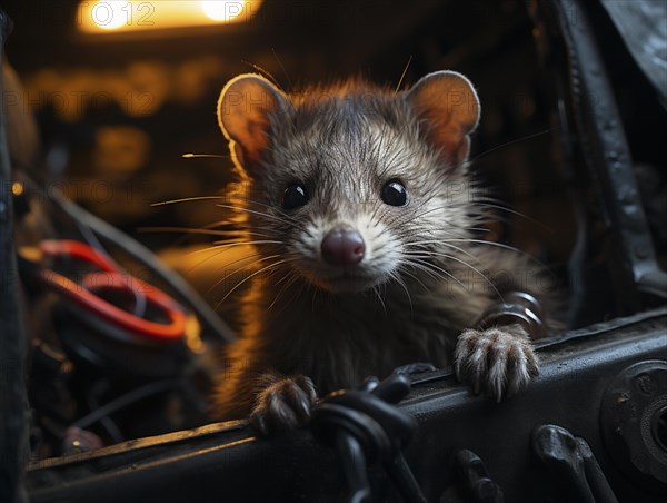 A marten gnaws on a cable in the engine compartment of a car