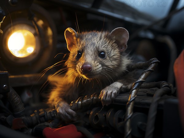 A marten gnaws on a cable in the engine compartment of a car