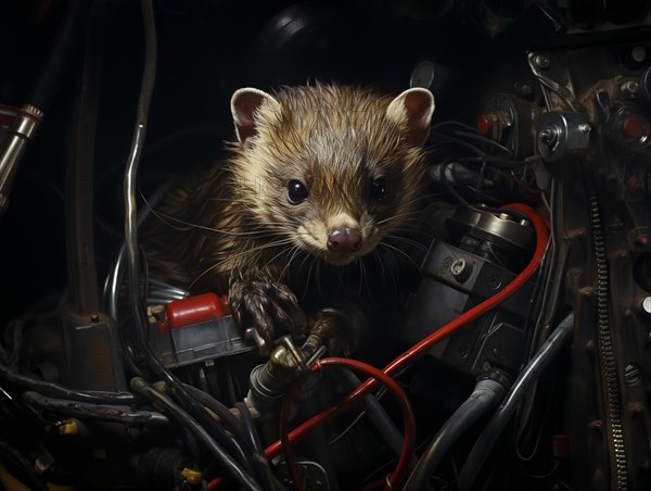 A marten gnaws on a cable in the engine compartment of a car