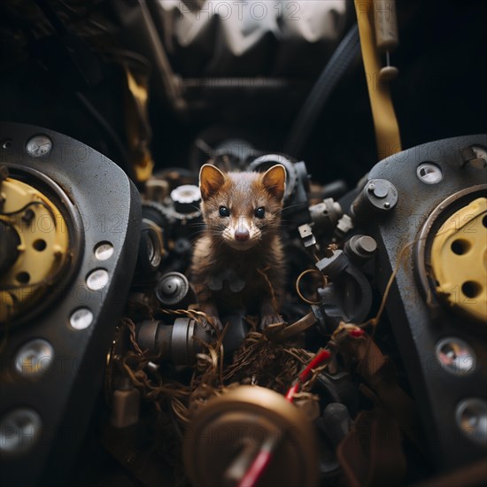 A marten gnaws on a cable in the engine compartment of a car