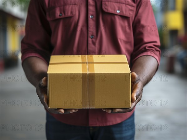 Postman parcel delivery person delivers a package