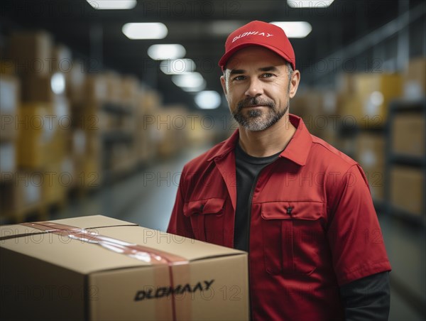 Postman parcel delivery man sorts packages in a warehouse