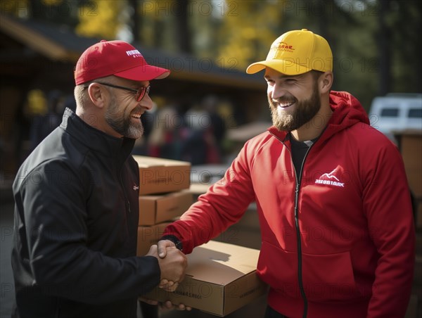 Postman parcel delivery person delivers a package