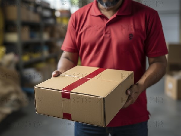 Postman parcel delivery man sorts packages in a warehouse