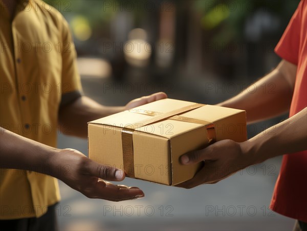 Postman parcel delivery person delivers a package