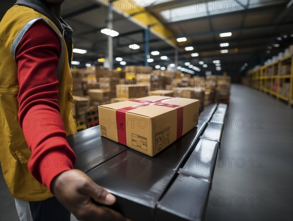 Postman parcel delivery man sorts packages in a warehouse