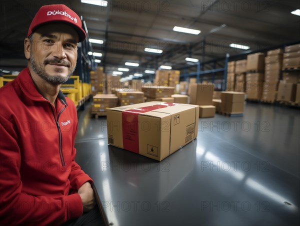 Postman parcel delivery man sorts packages in a warehouse