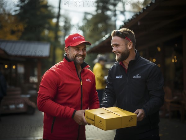 Postman parcel delivery person delivers a package