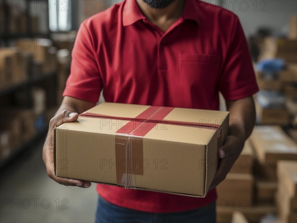 Postman parcel delivery man sorts packages in a warehouse