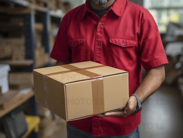 Postman parcel delivery person delivers a package