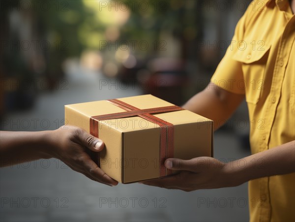 Postman parcel delivery person delivers a package