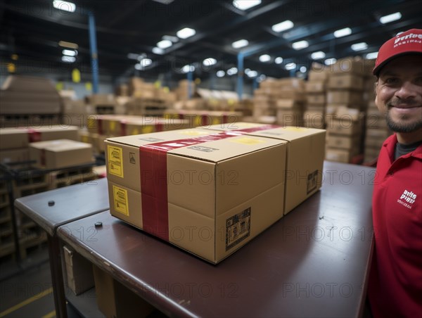 Postman parcel delivery man sorts packages in a warehouse