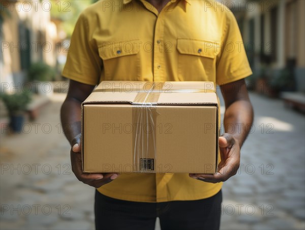 Postman parcel delivery person delivers a package