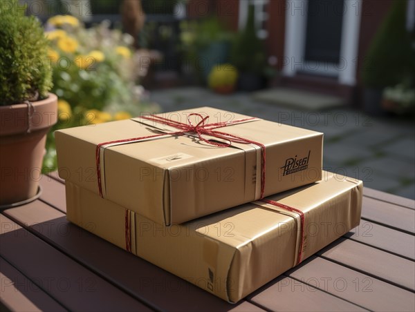 Postman parcel delivery person delivers a package