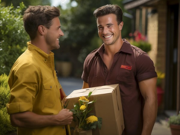 Postman parcel delivery person delivers a package