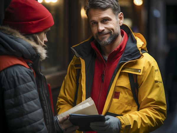 Postman parcel delivery person delivers letters