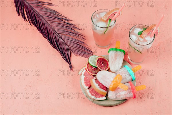 Grapefruits slices juice popsicles with leaf coral textured background