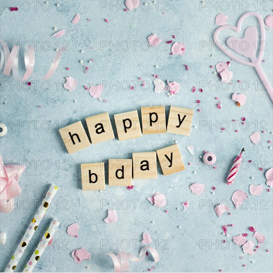 Happy birthday wish wooden letters with ribbon
