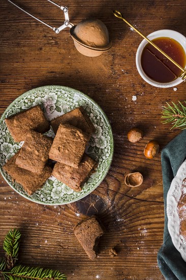 Homemade brownies honey flat lay