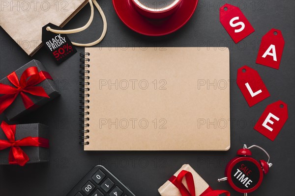 Notebook mock up with sale black background