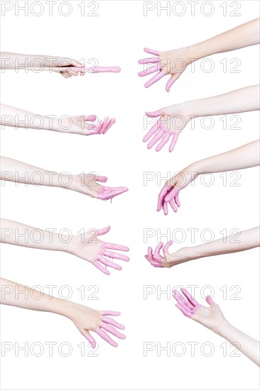 Set human hands with pink paint white background