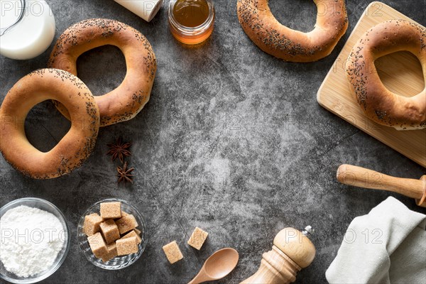 Top view bagels with brown sugar cubes