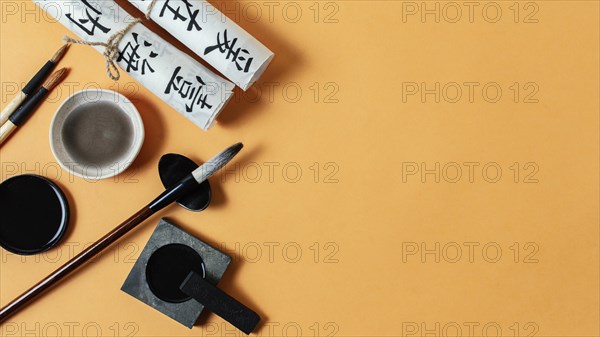 Top view chinese ink elements assortment with copy space