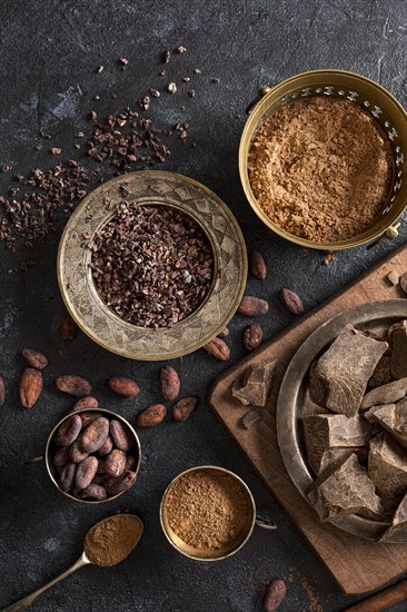 Top view chocolate with cocoa beans powder