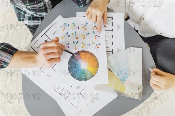 Top view couple making plans redecorate house