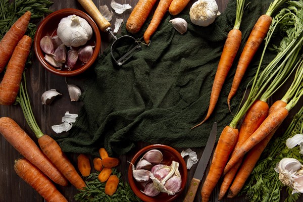 Top view garlic with carrots peeler