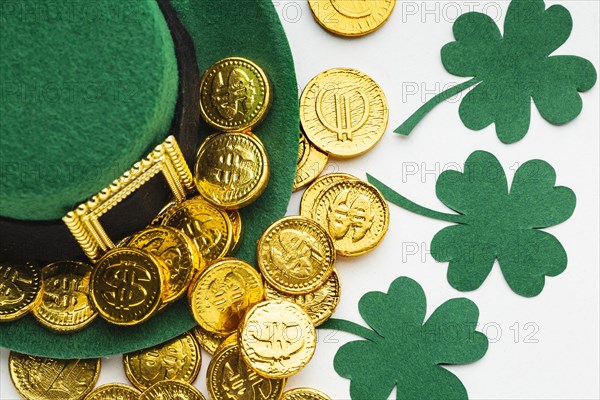 Top view hat coins shamrocks