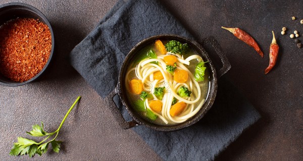 Top view noodle soup winter meals